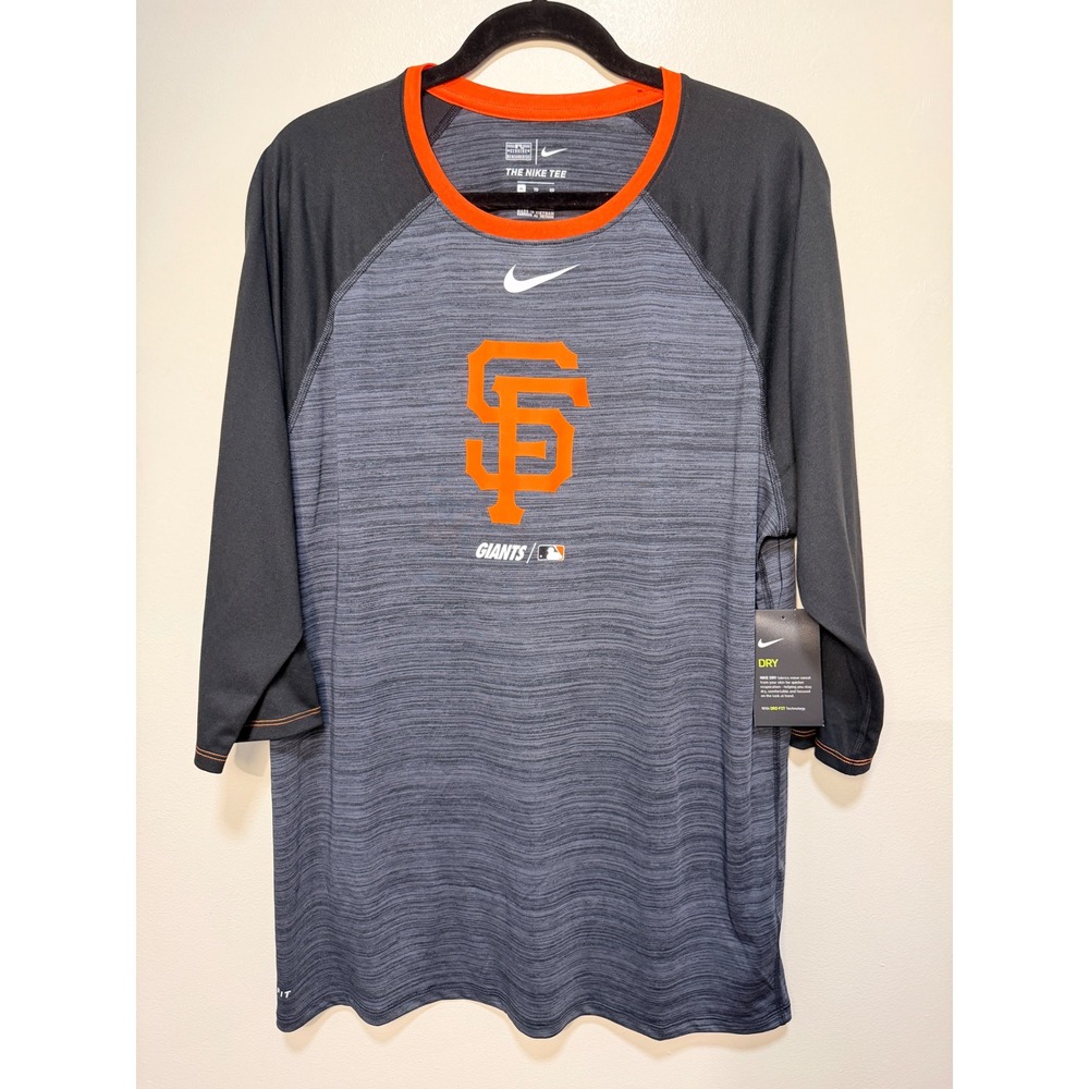 NWT Nike T-Shirt XL SF Giants Raglan Dri-Fit Velocity 3/4 Grey Black Orange MLB